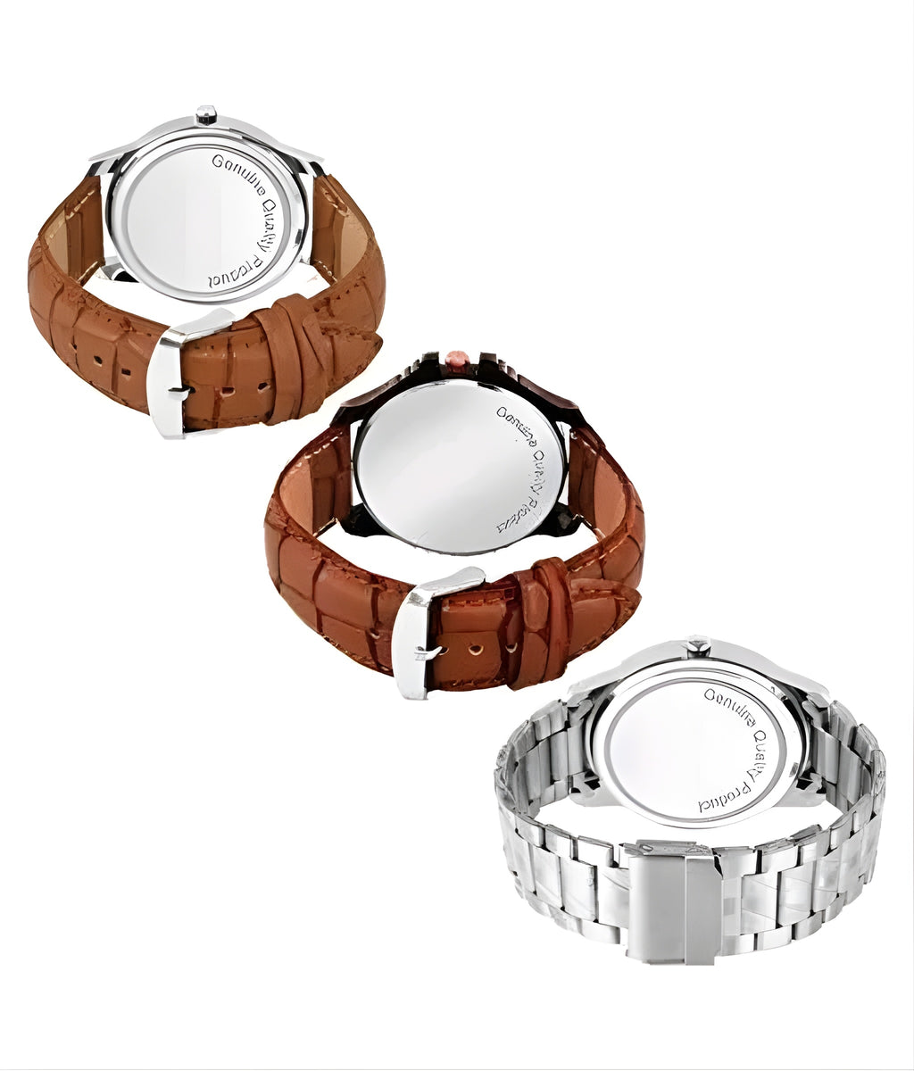 Classic Men Brown Leather Analog Watch Combo Of 3