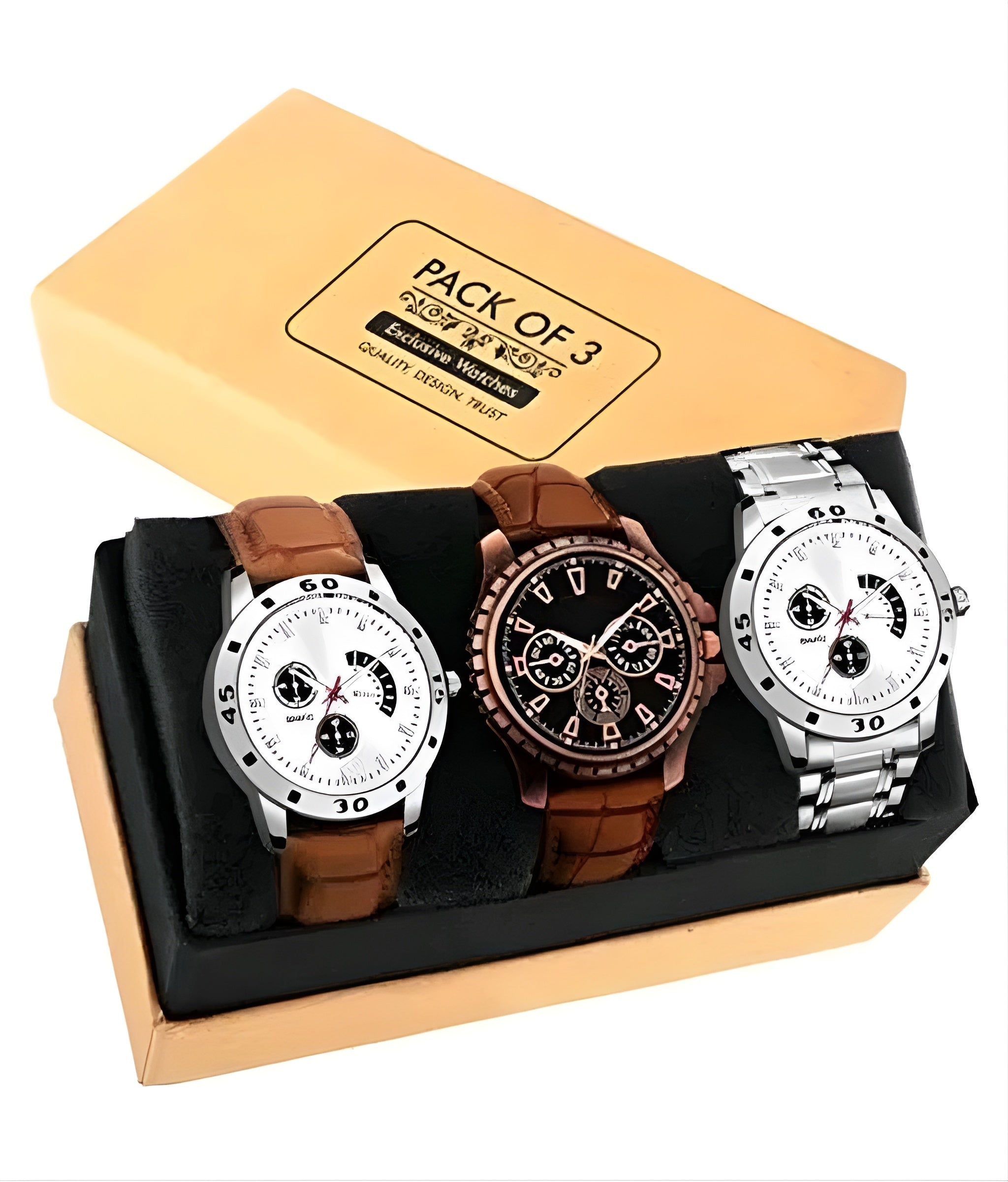 Classic Men Brown Leather Analog Watch Combo Of 3